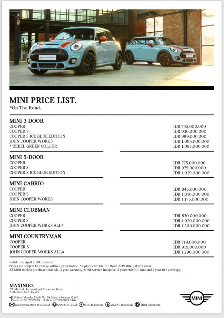 PRICE LIST MINI COOPER
